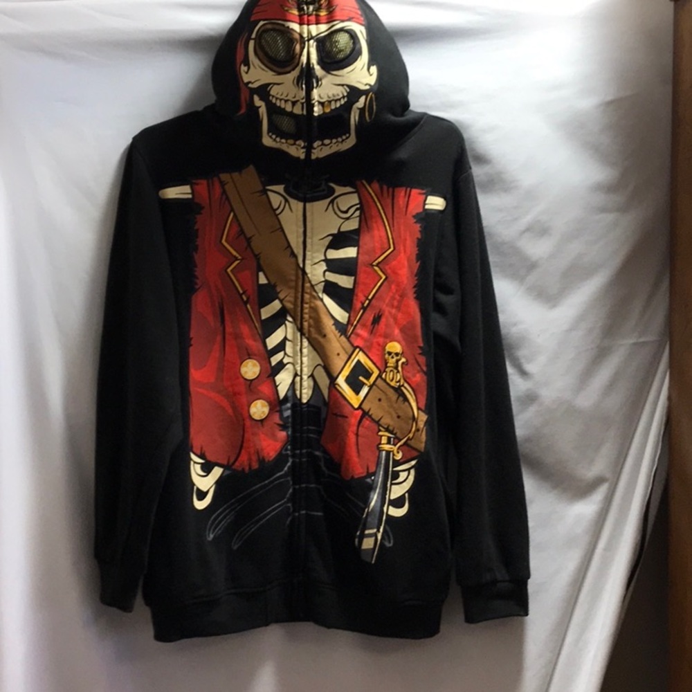 Halloween Skeleton Pirate Sweatshirt facial hooded zippered jacket Sz XL 14/16